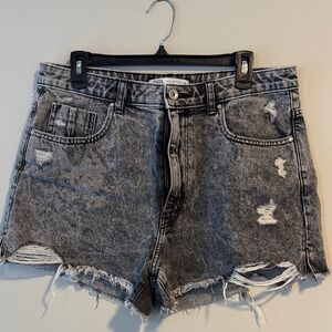 Zara Gray Acid-Wash Distressed Denim Shorts